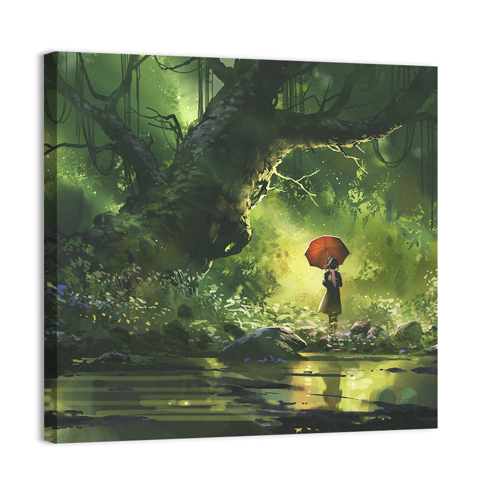 Girl with Umbrella in Mysterious Forest Wall Art, canvas print, square