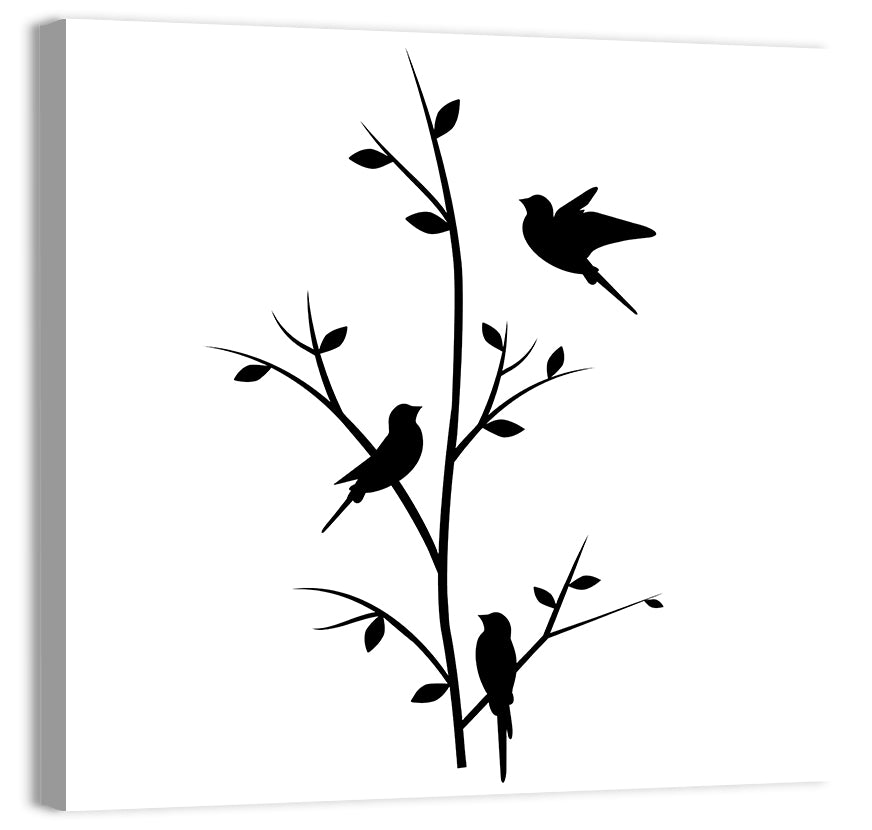 Three Birds on Branch Silhouette Wall Art, canvas print, square