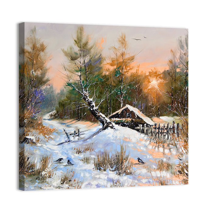 Winter Forest Path with Cabin Wall Art as a canvas print