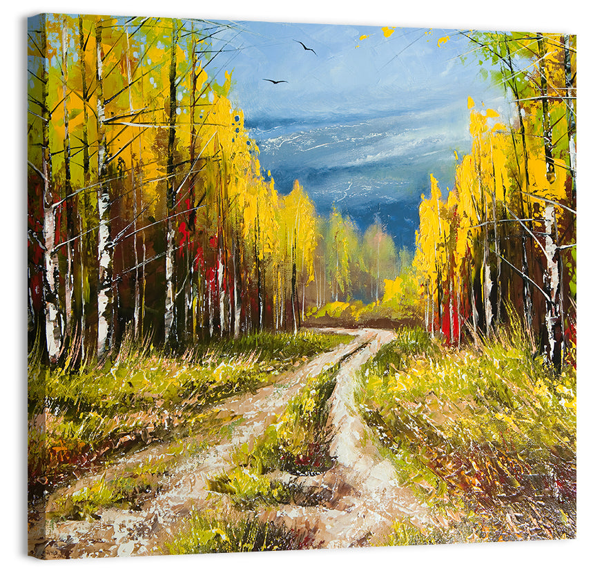 Autumn Birch Path with Two Birds Wall Art