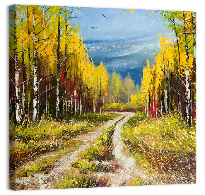 Autumn Birch Path with Two Birds Wall Art as a canvas print