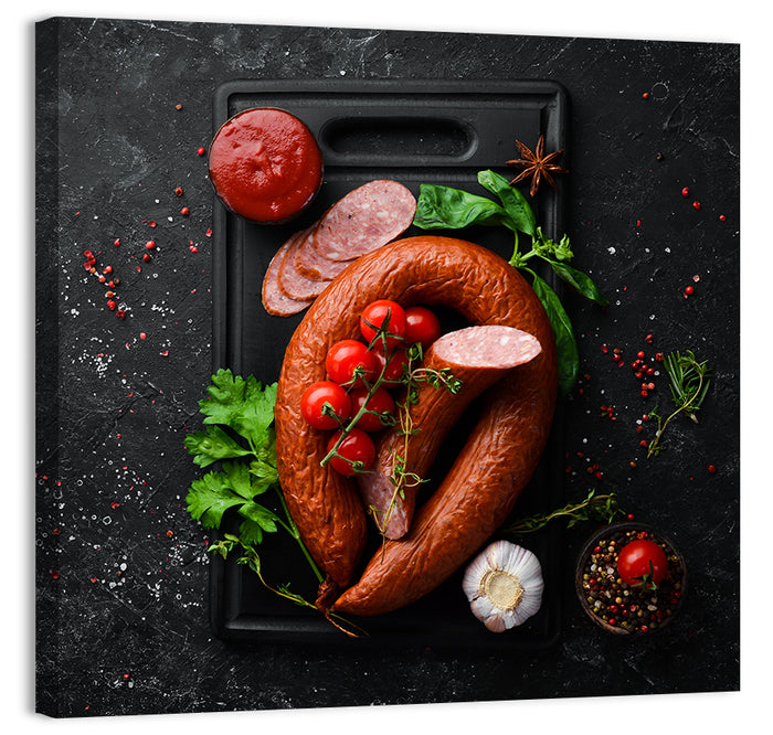 Sausage Ring on Black Cutting Board Wall Art as a canvas print