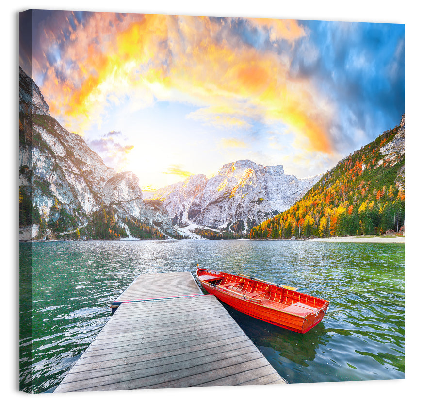 Pier at Lago Di Braies Wall Art, canvas print, square