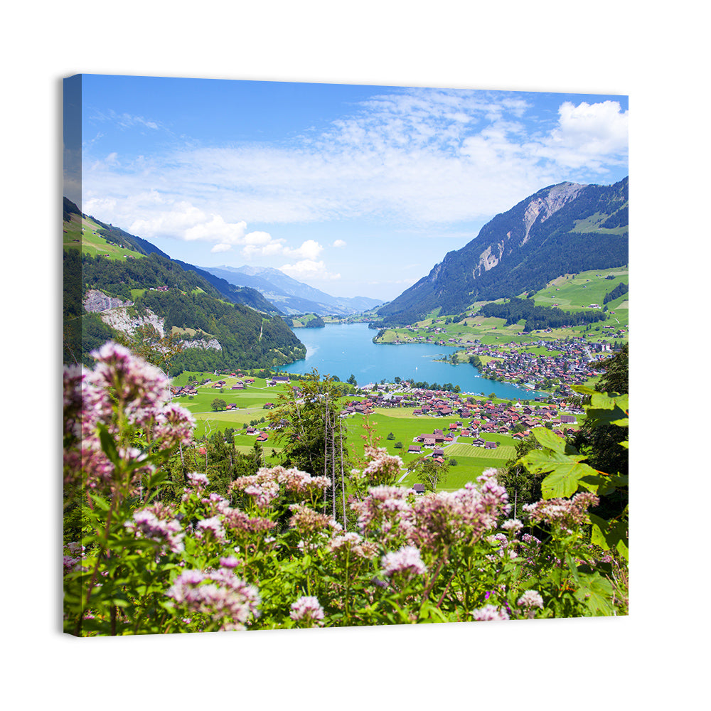 Lungern Village with Wildflowers Wall Art, canvas print, square