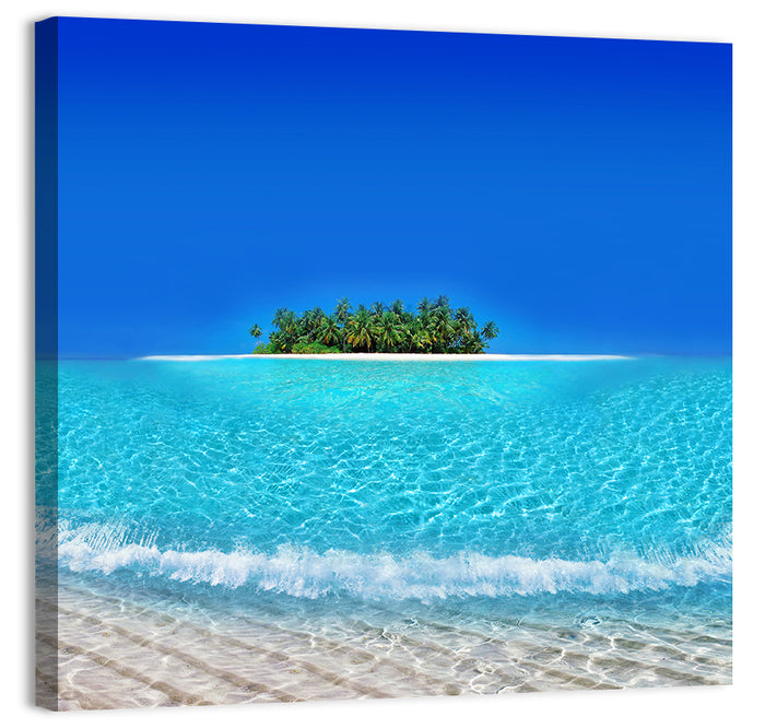 Turquoise Atoll Sandbar with Palm Trees Wall Art as a canvas print