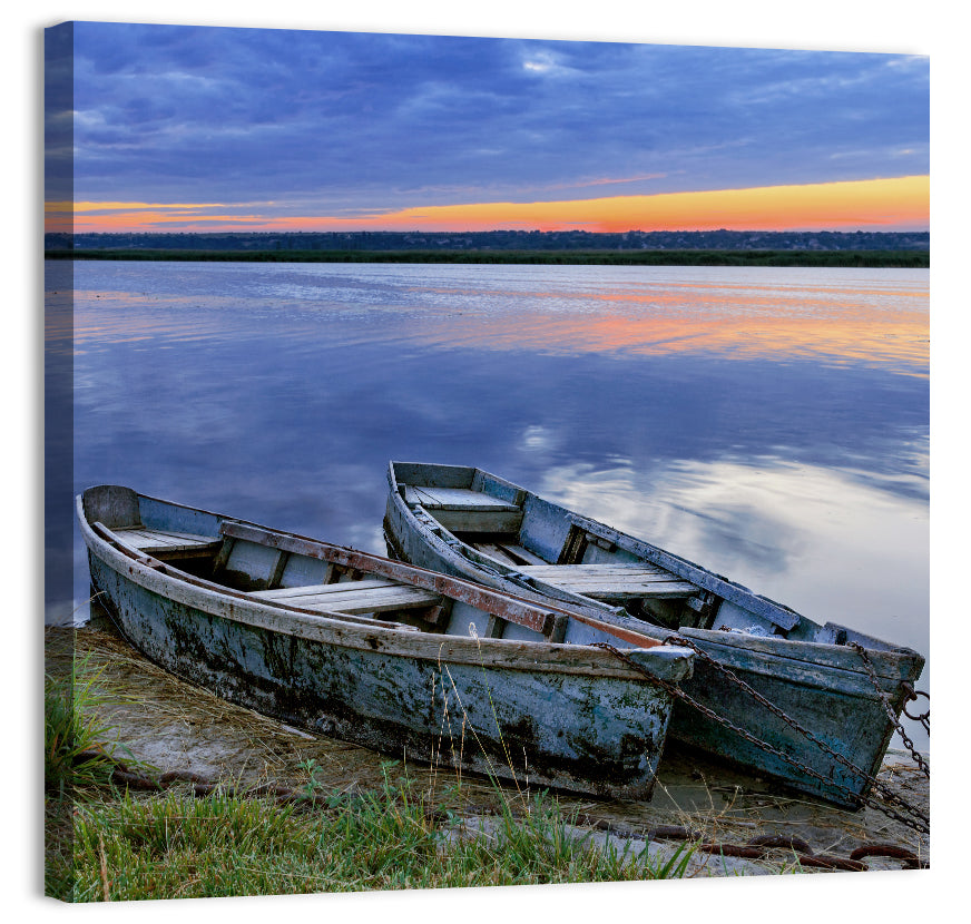 Chained Rowboats at Dusk Wall Art, canvas print, square