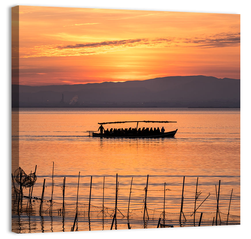 Albufera Sunrise Boat Silhouette Wall Art, canvas print, square