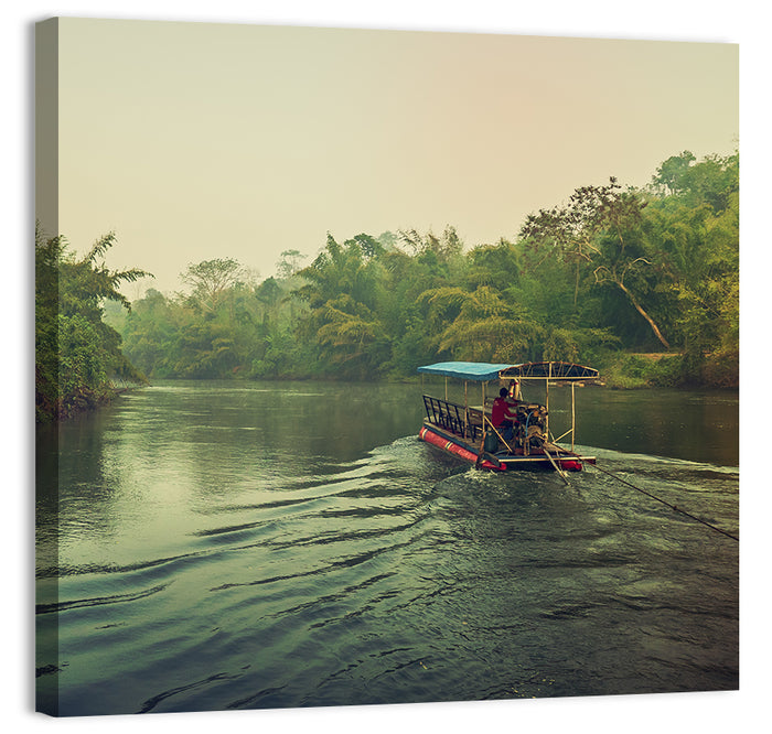 Misty Long-tail Boat on River Kwai Wall Art as a canvas print