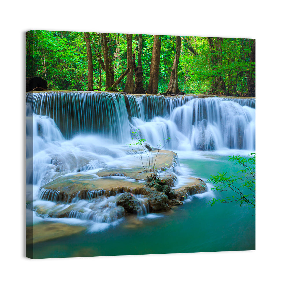 Huay Ma Khamin Erawan Waterfall Wall Art, canvas print, square