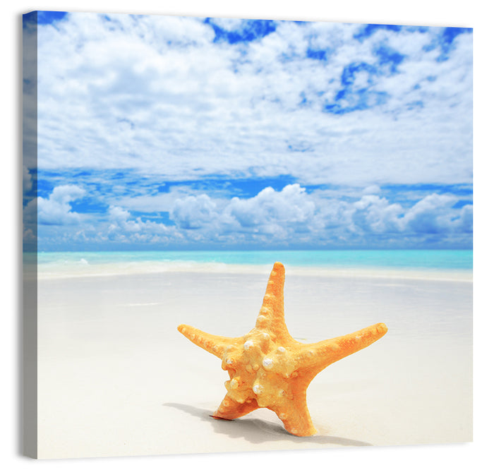 Minimalist Yellow Starfish on Turquoise Shore Wall Art as a canvas print