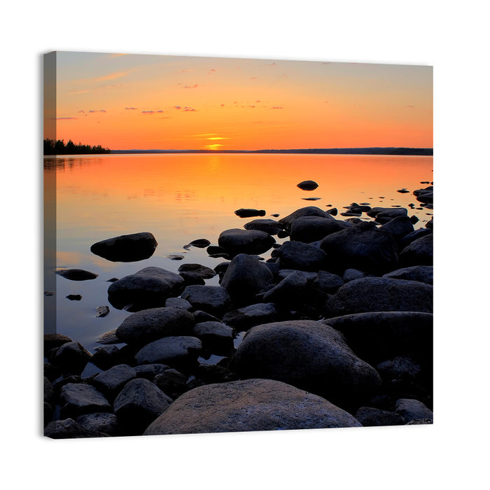 Rocky Lake Sunset Wall Art as a canvas print