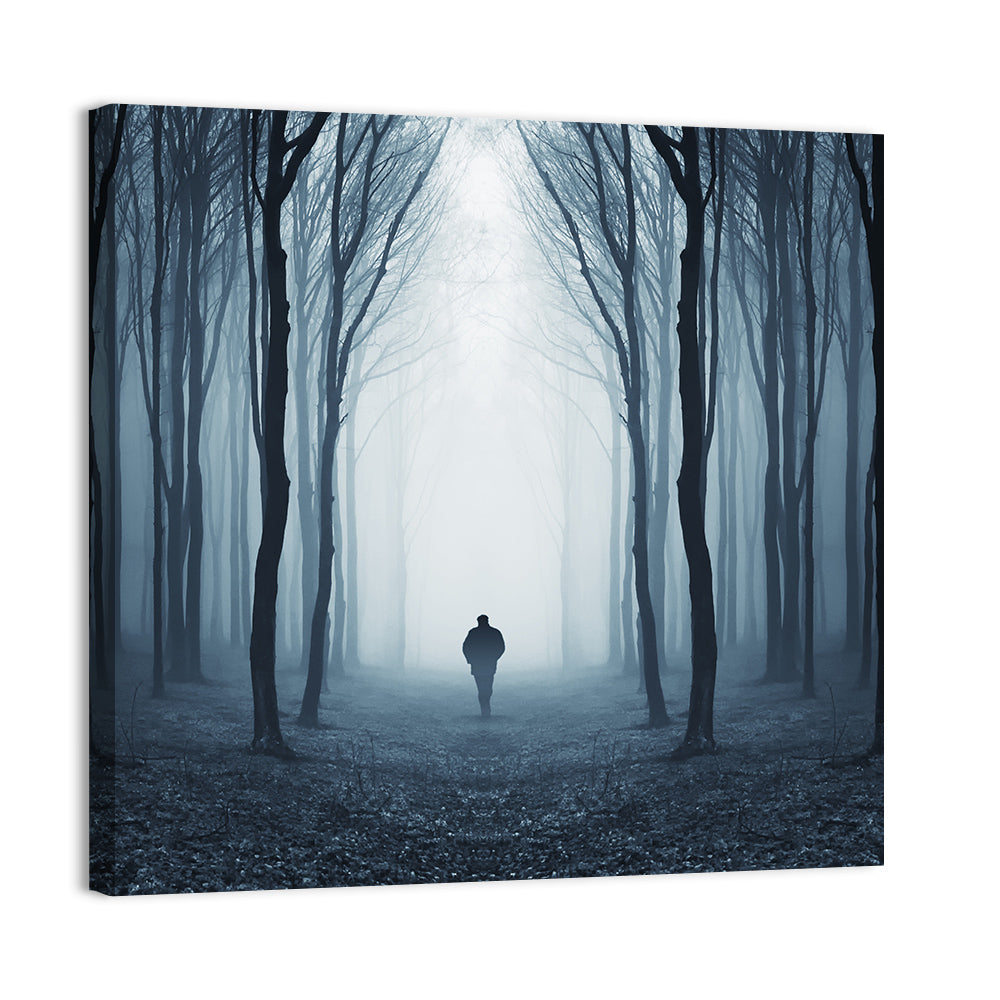 Lone Figure in Misty Forest Wall Art, canvas print, square