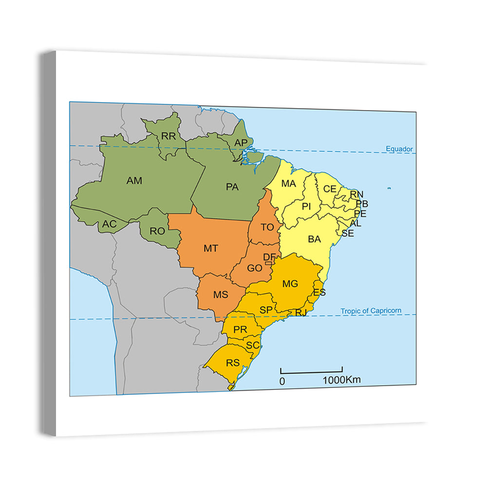 Brazil Map with State Codes Wall Art
