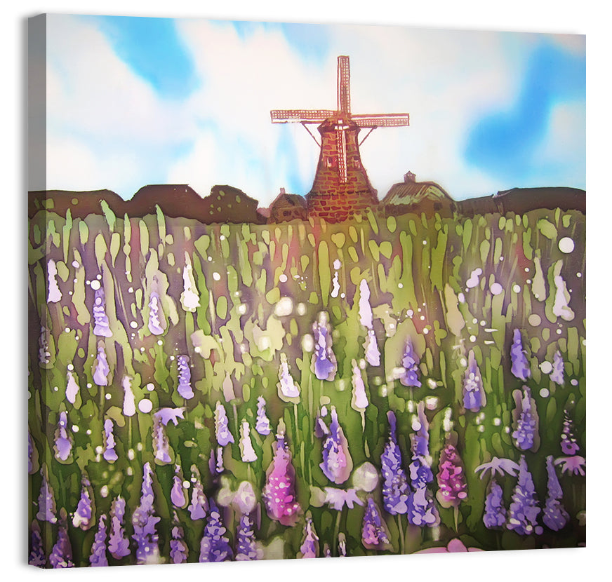 Ink Wash Windmill in Blooming Field Wall Art