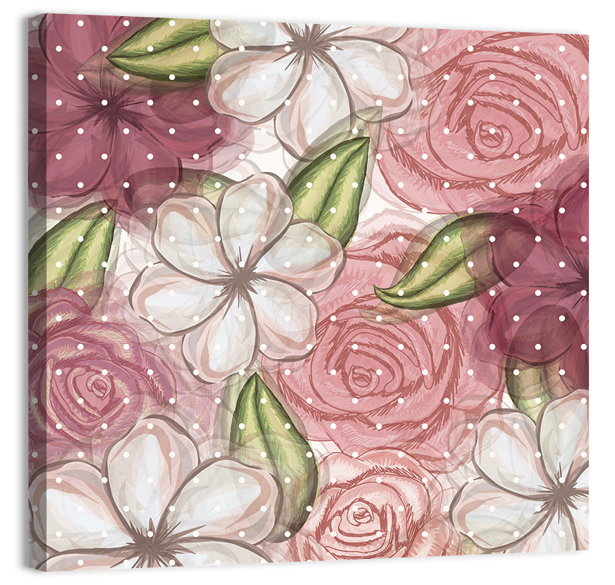Vintage Floral Pattern with Polka Dots Wall Art, canvas print, square