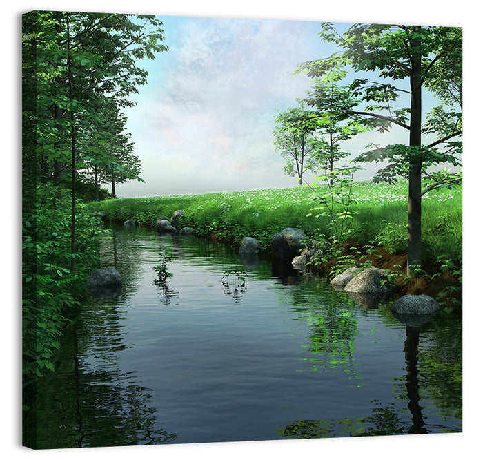 Tranquil Meadow Stream with Wildflowers Wall Art as a canvas print