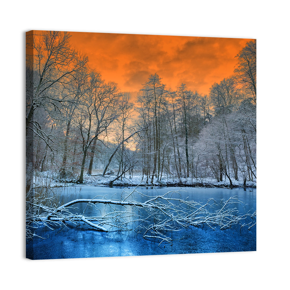 Sunset Over Winter Forest Lake Wall Art