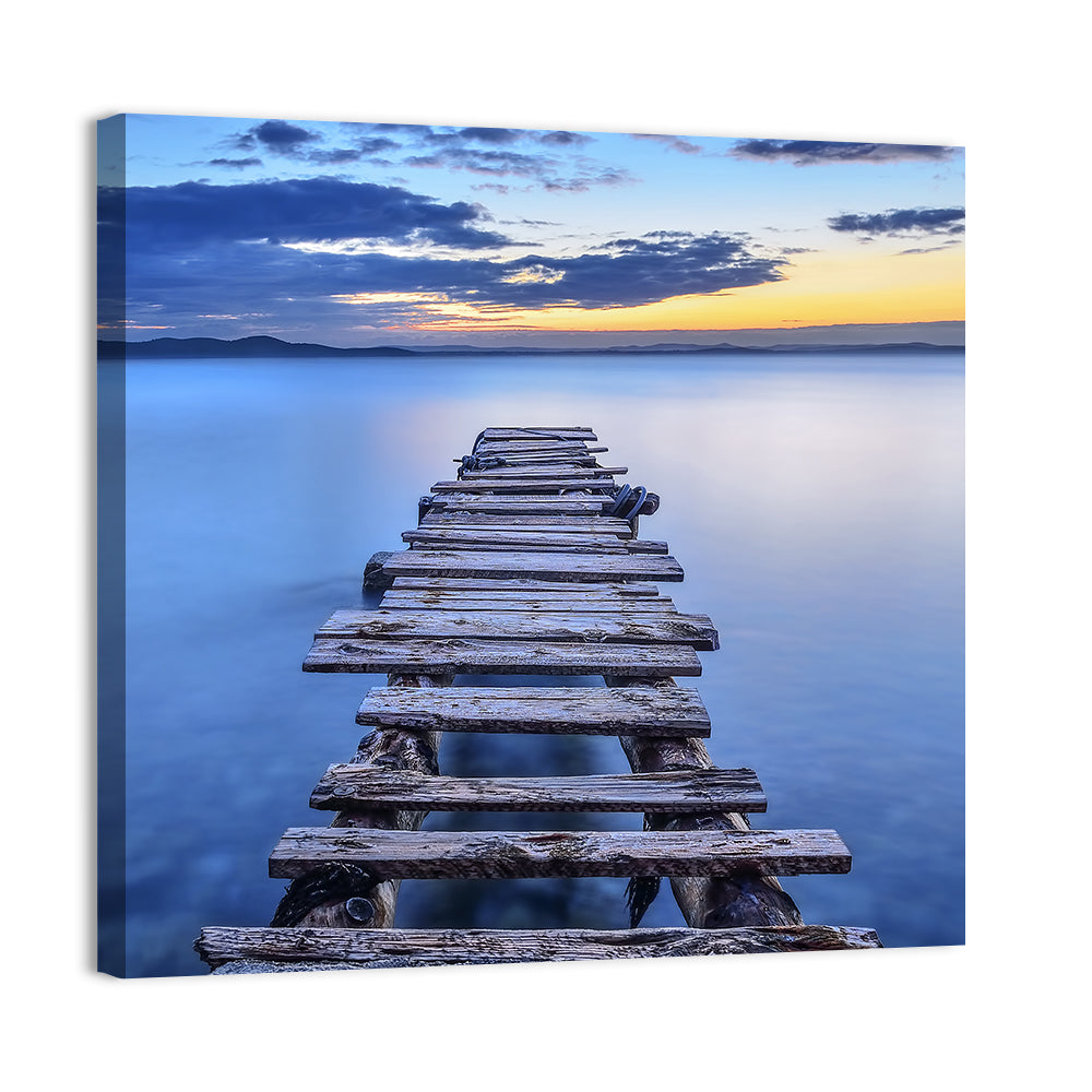 Weathered Lake Pier at Dusk Wall Art, canvas print, square