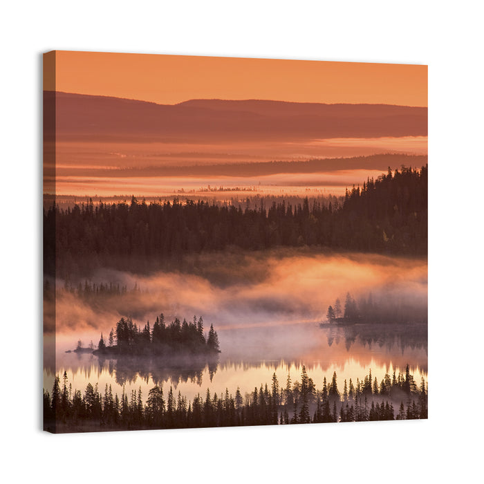 Lapland Sunrise Over Misty Lake Wall Art as a canvas print