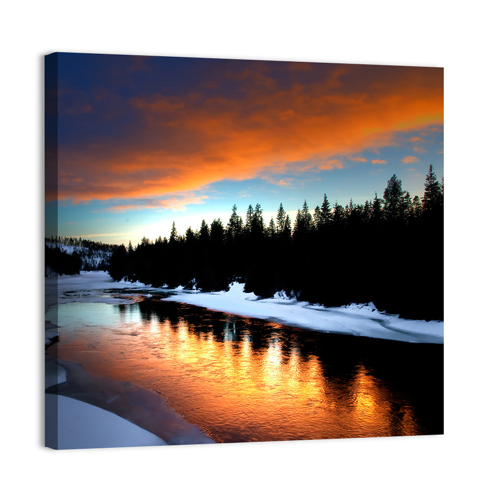 Golden Sunset Over Snowy River Wall Art, canvas print, square