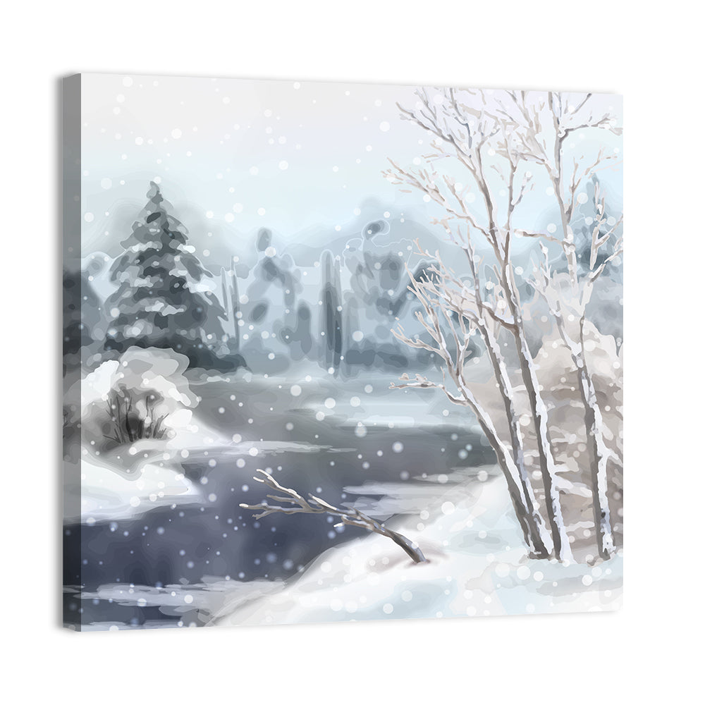 Snowy Stream in Winter Forest Wall Art