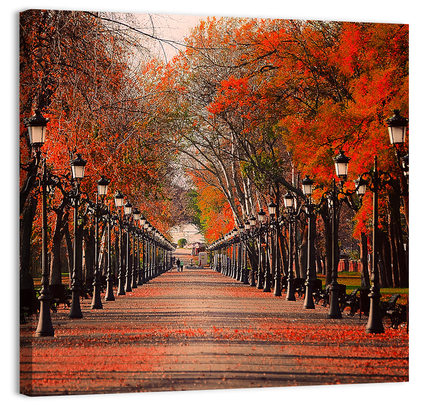 Autumn Park Path with Vintage Lampposts Wall Art