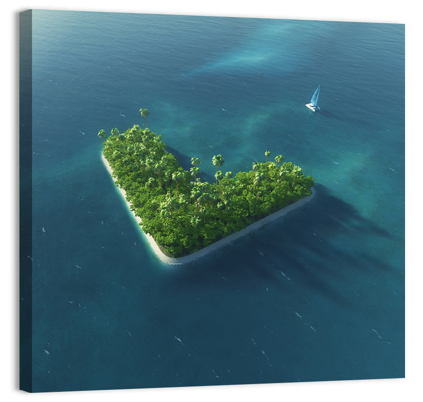 V-shaped Tropical Island with Distant Catamaran Wall Art, canvas print, square