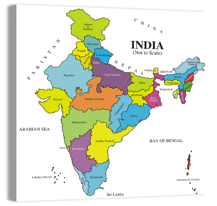 Colorful Political Map of India Wall Art as a canvas print