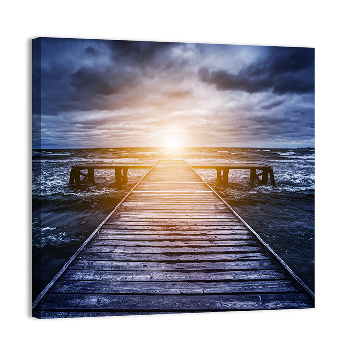 Sunlit Wooden Jetty at Dusk Wall Art as a canvas print