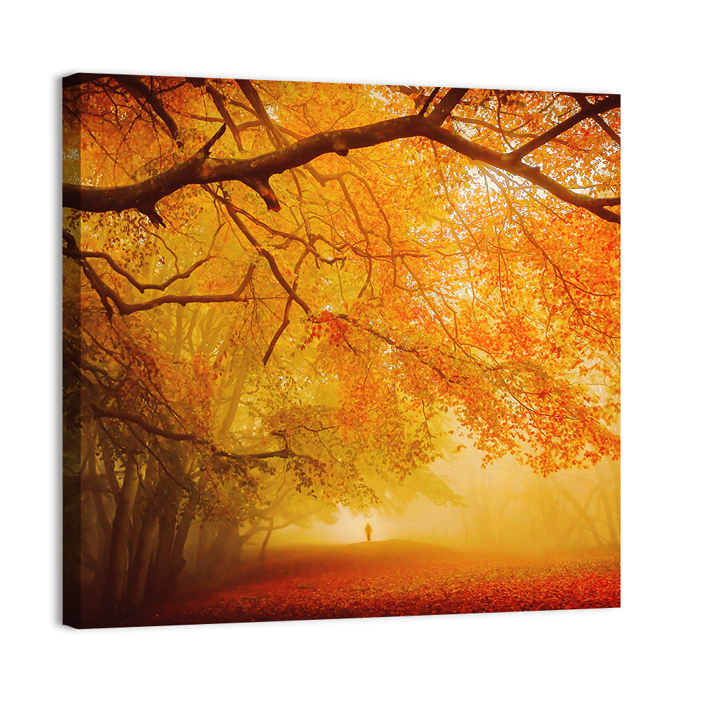 Autumn Forest Path with Lone Figure Wall Art, canvas print, square