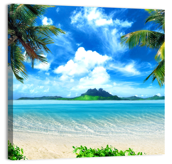 Palm-framed Tropical Island Beach Wall Art as a canvas print