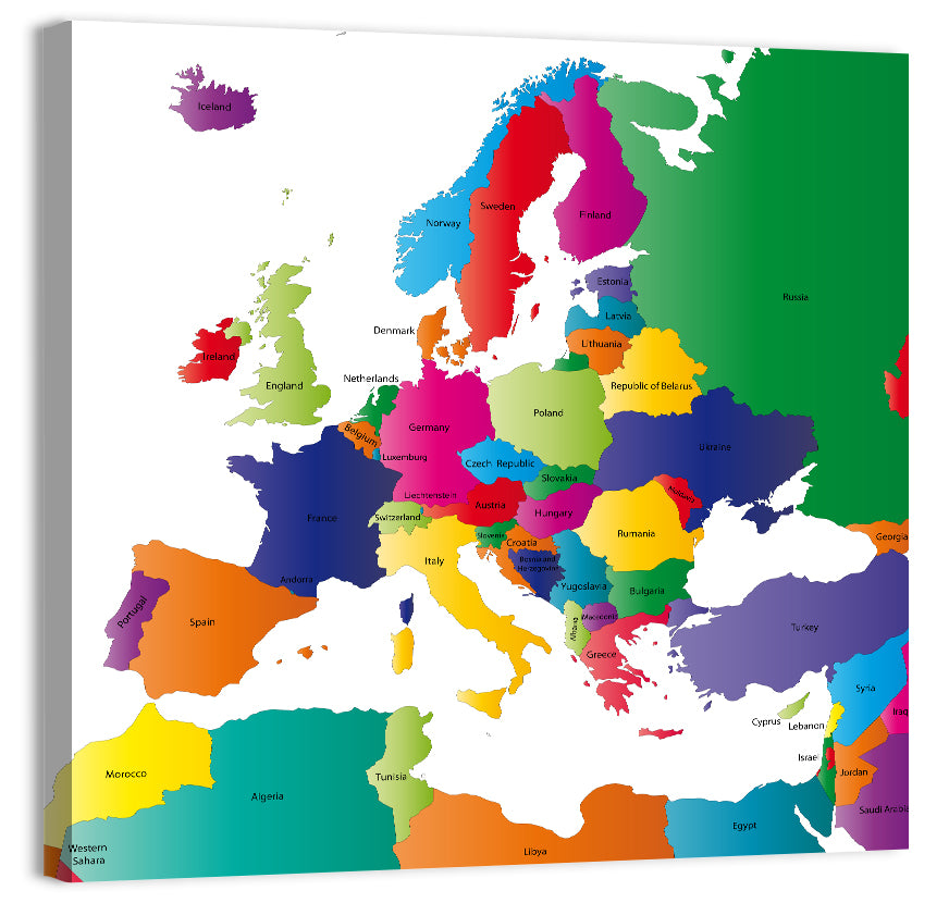 Modern Coloured Map of Europe Wall Art, canvas print, square