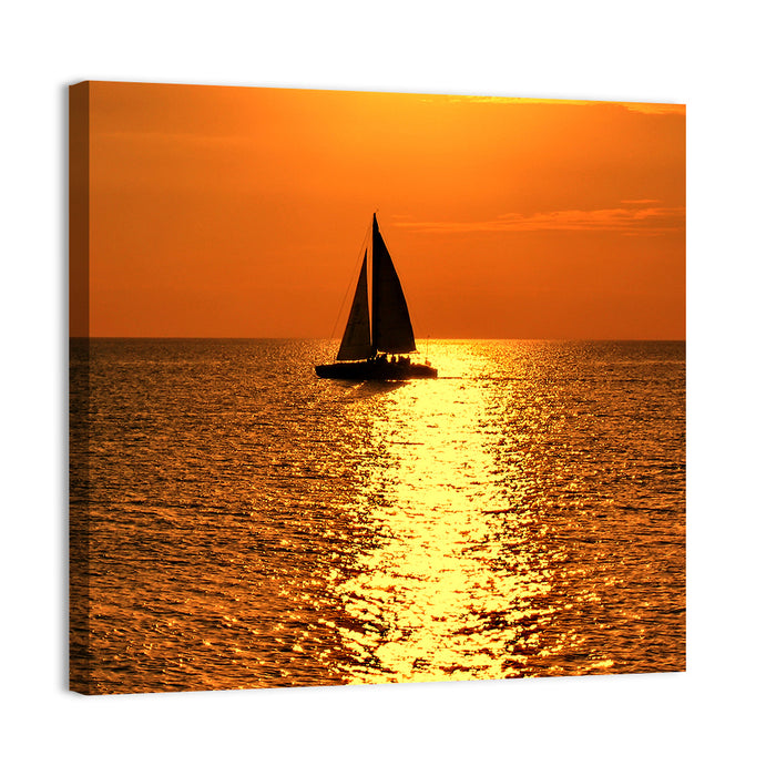 Sailboat Silhouette at Golden Sunset Wall Art as a canvas print