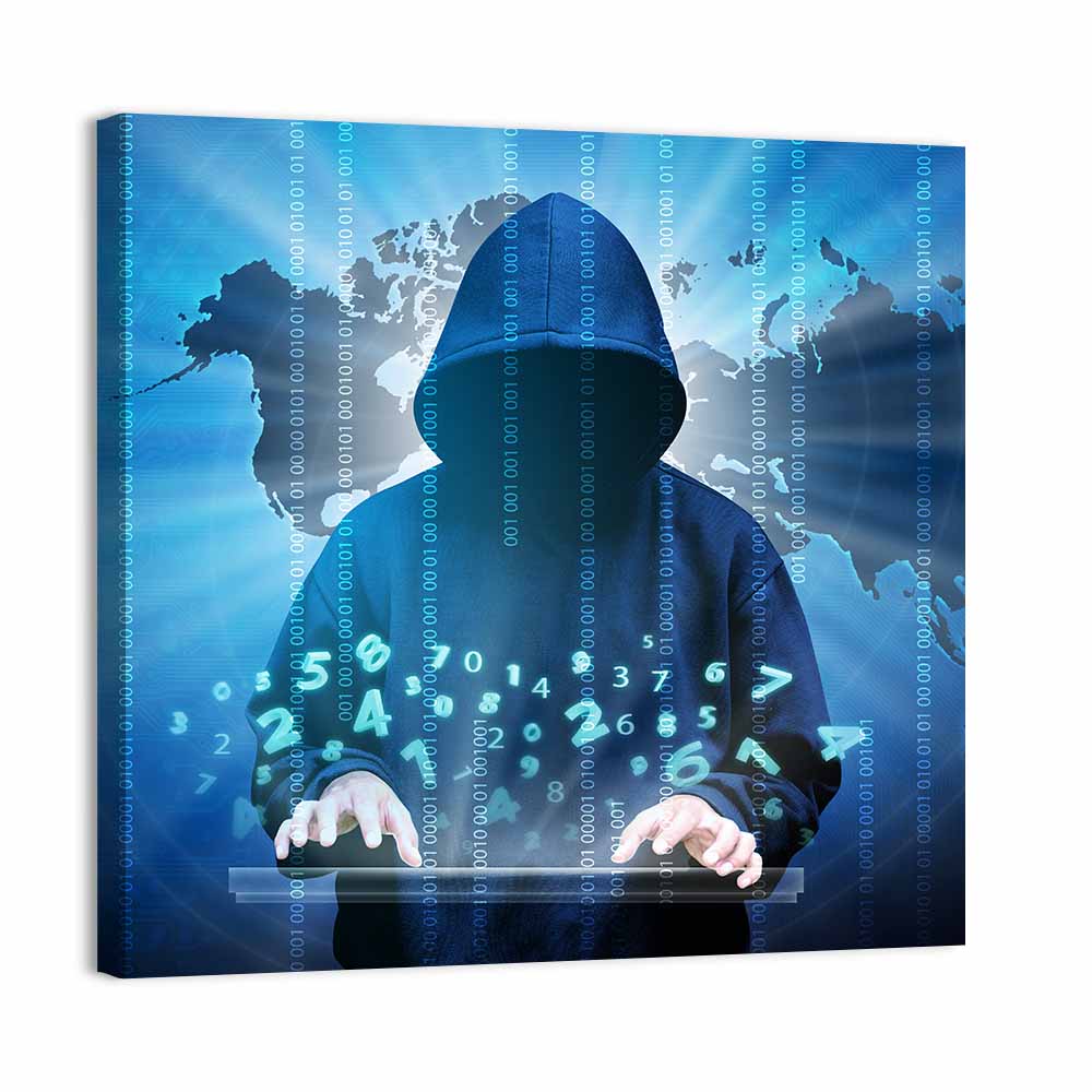 Hooded Hacker with Binary Map Wall Art