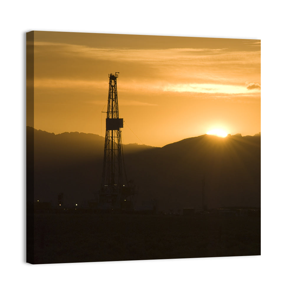 Sunrise Over Drilling Rig Wall Art, canvas print, square