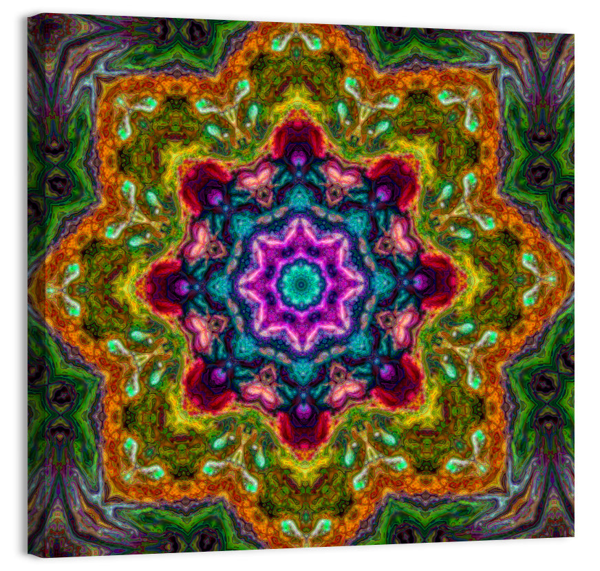 Vibrant Kaleidoscopic Mandala Ornament Wall Art, canvas print, square