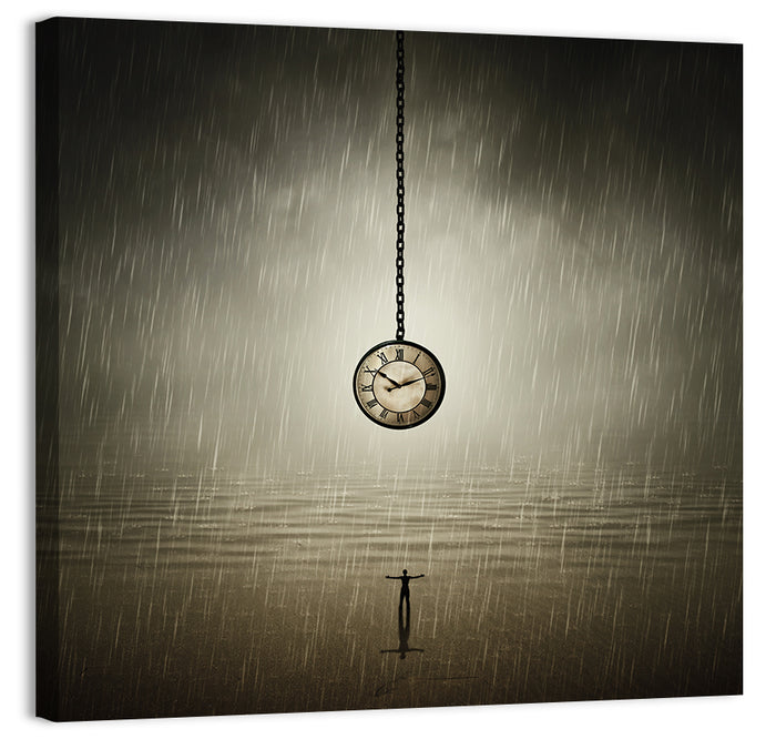 Suspended Pocket Watch in Rain Wall Art as a canvas print