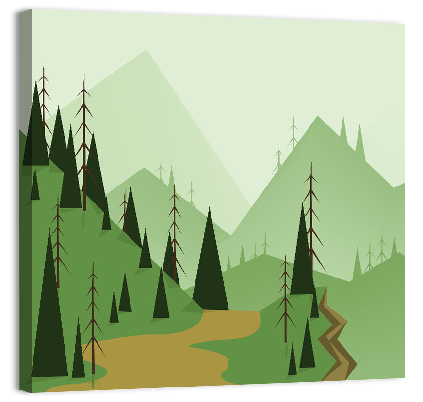 Green Foggy Hills Illustration Wall Art
