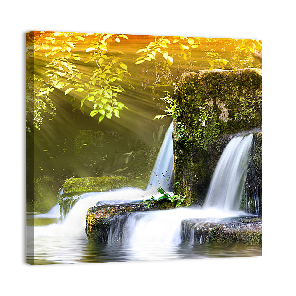 Sunlit Forest Waterfall Wall Art, canvas print, square