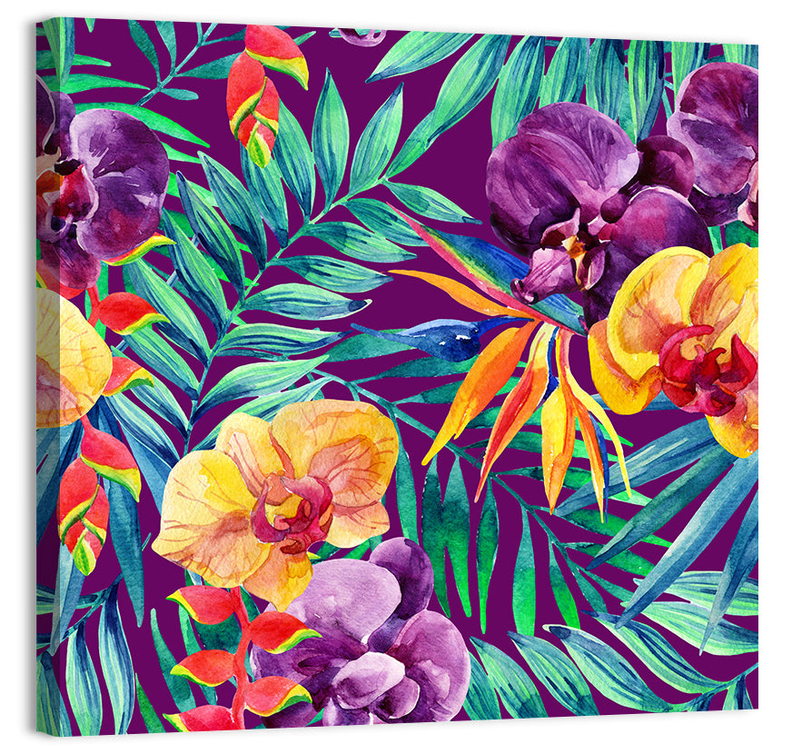 Tropical Orchid and Palm Pattern Wall Art, canvas print, square