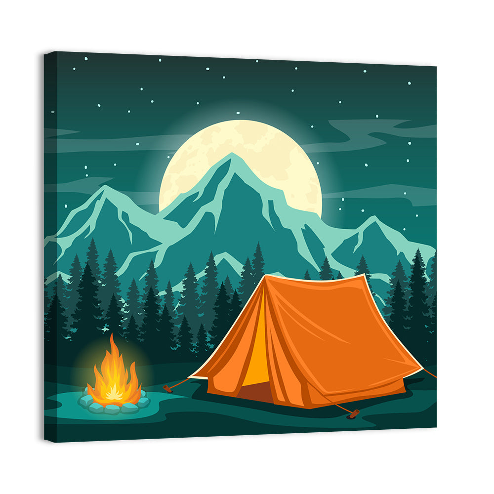 Moonlit Campfire Landscape Wall Art, canvas print, square