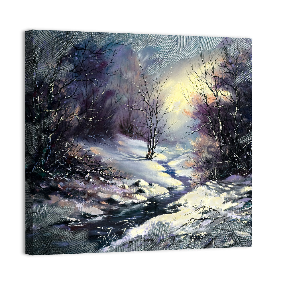 Sunlit Frozen Stream in Winter Forest Wall Art