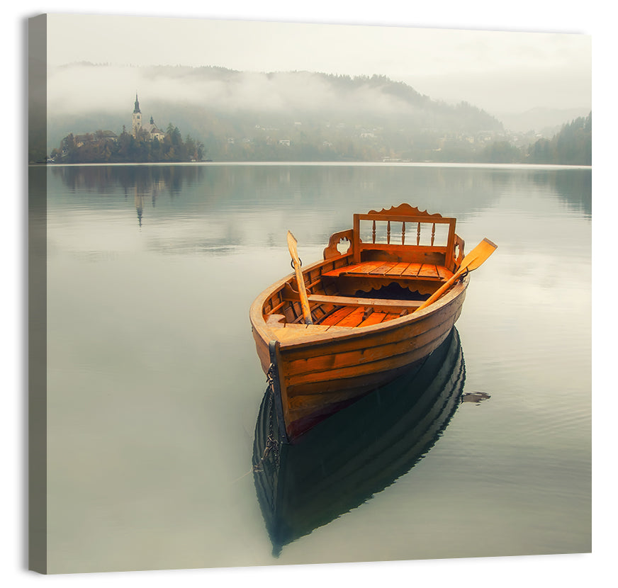 Wooden Boat on Misty Lake Bled Wall Art