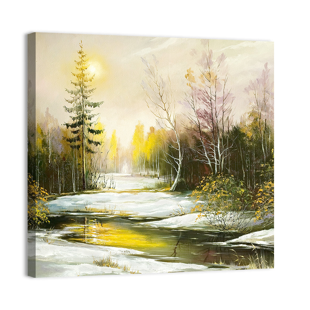 Sunlit Winter River Landscape Wall Art