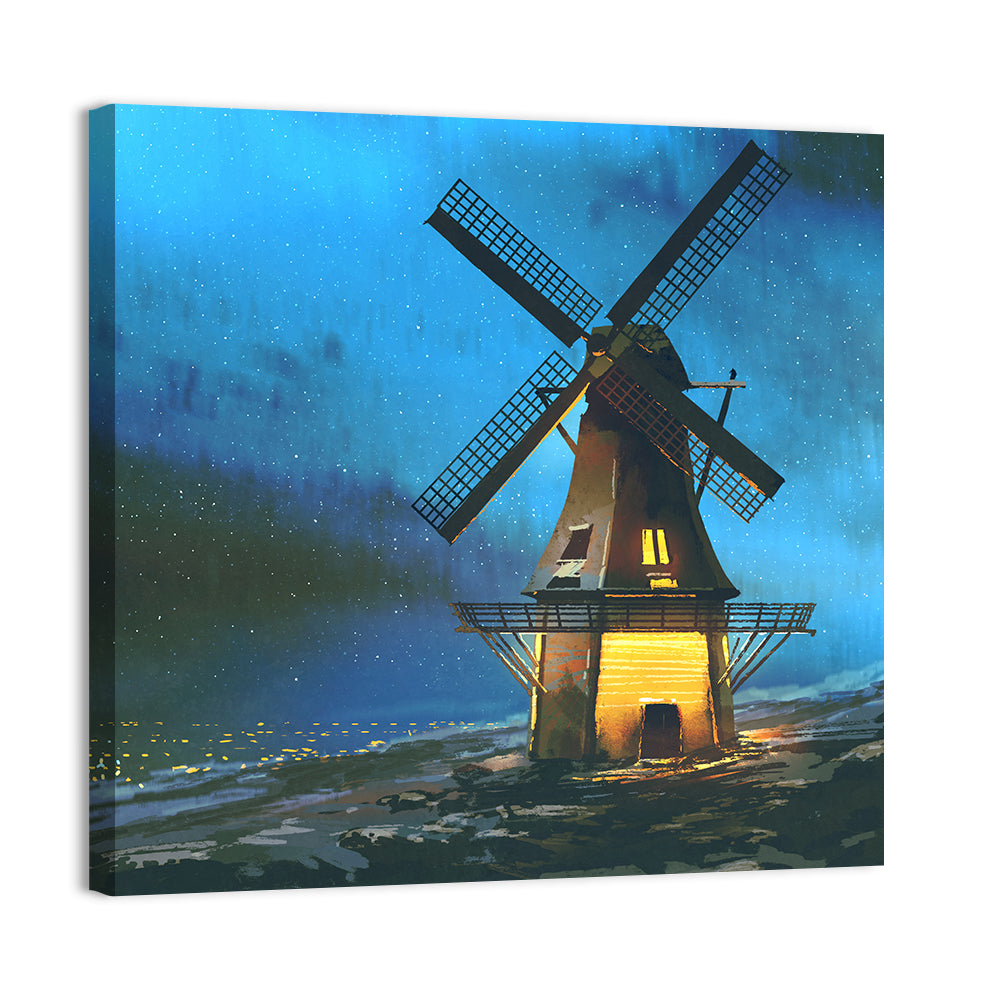 Seaside Windmill at Night Wall Art