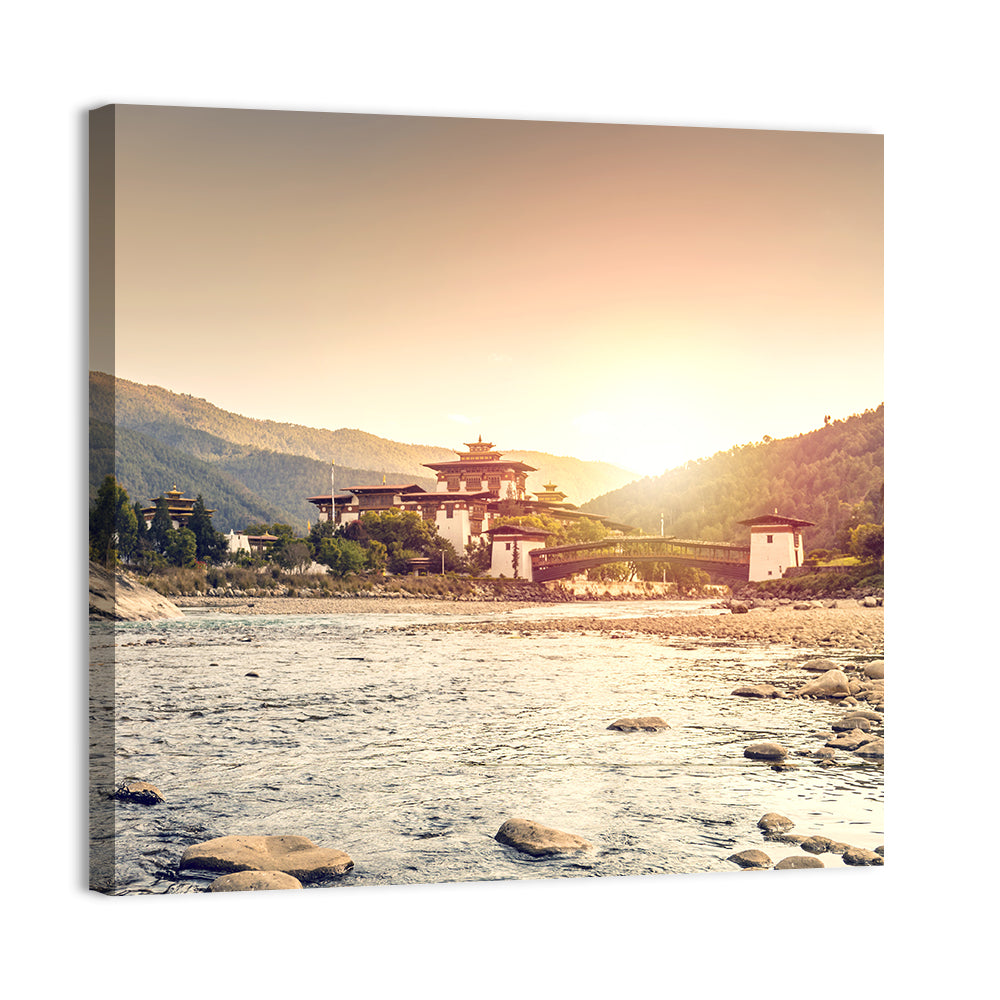Punakha Dzong at Golden Hour Wall Art, canvas print, square