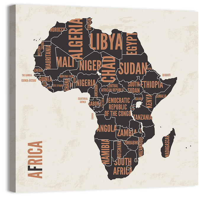 Typographic Africa Map with Country Names Wall Art as a canvas print