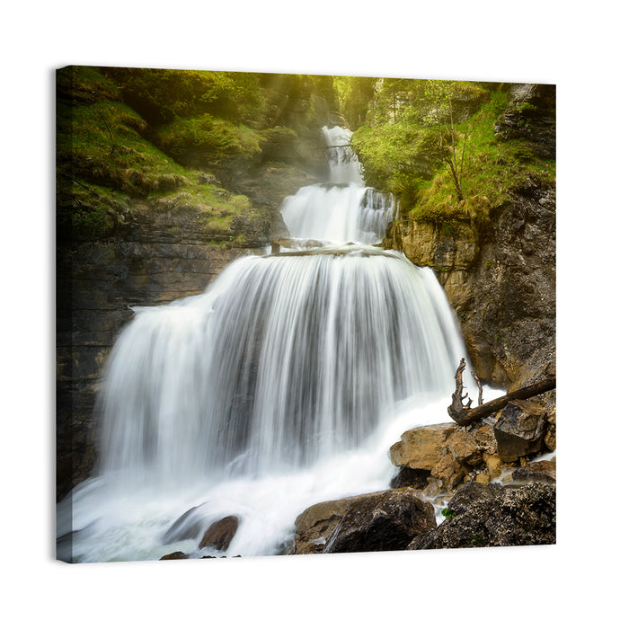 White Cascade Over Mossy Rocks Wall Art as a canvas print