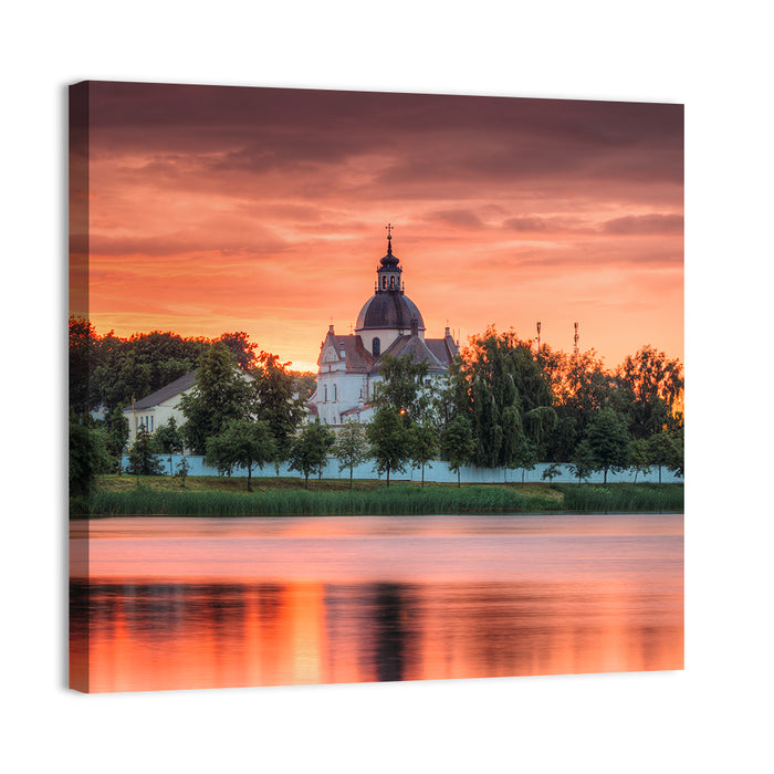 Corpus Christi Church Sunset Reflection Wall Art as a canvas print