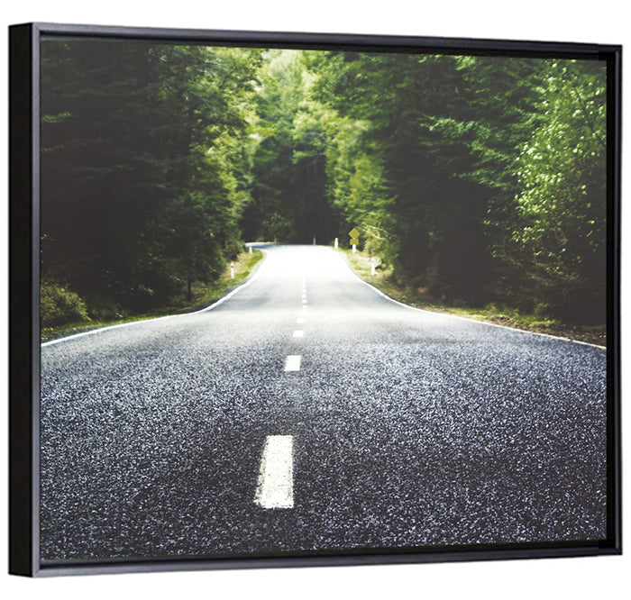 Summer Forest Road with Yellow Sign Wall Art as a framed canvas